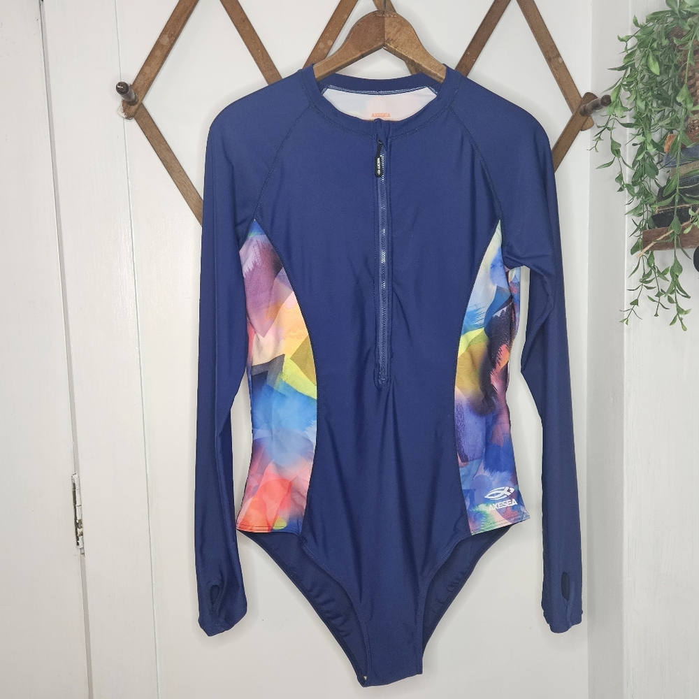 Axesea Siren Blue Long Sleeve One Piece Swimsuit  14 with Front Zipper UPF 50+‎ - Picture 2 of 13